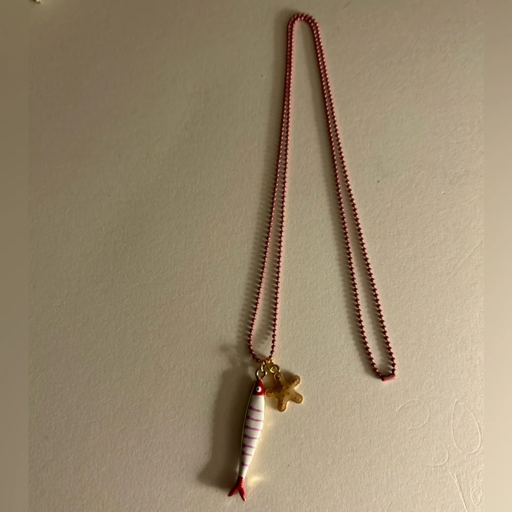 NWOT Necklace enamel pink & white striped Minnow, Starfish  charms, pink chain
